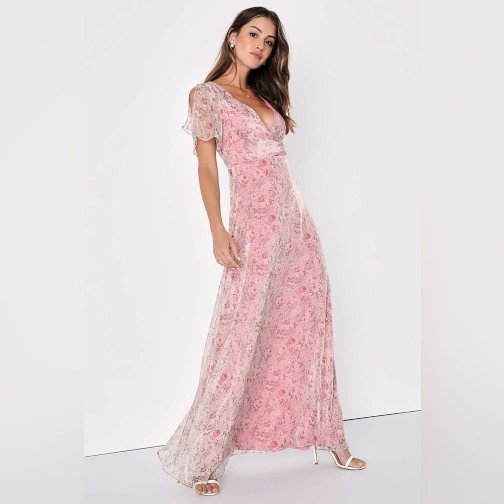 Lulus Dreamiest Desires Pink Floral Flutter Sleeve Maxi Dress - Picture 3 of 5